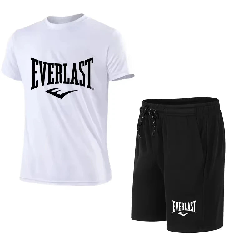 EVERLAST Men's T-shirt + Shorts 2pcs Set Leisure Breath Short Sleeve Sport Jogging Gym Brand Print Clothing