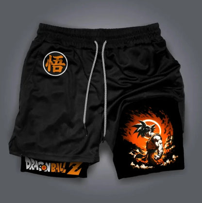 Dual-Layer and Quick Dry Running Shorts, Anime Print Gym Shorts, Flexible Workout Shorts for Men.