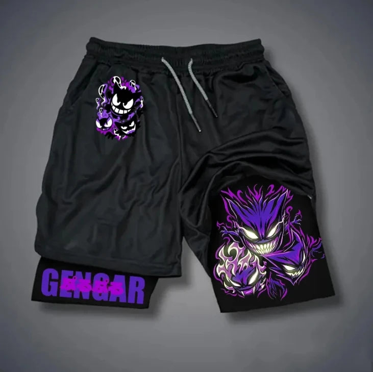 Dual-Layer and Quick Dry Running Shorts, Anime Print Gym Shorts, Flexible Workout Shorts for Men.