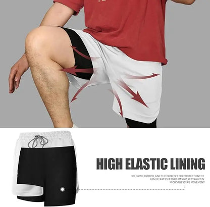 Dual-Layer and Quick Dry Running Shorts, Anime Print Gym Shorts, Flexible Workout Shorts for Men.