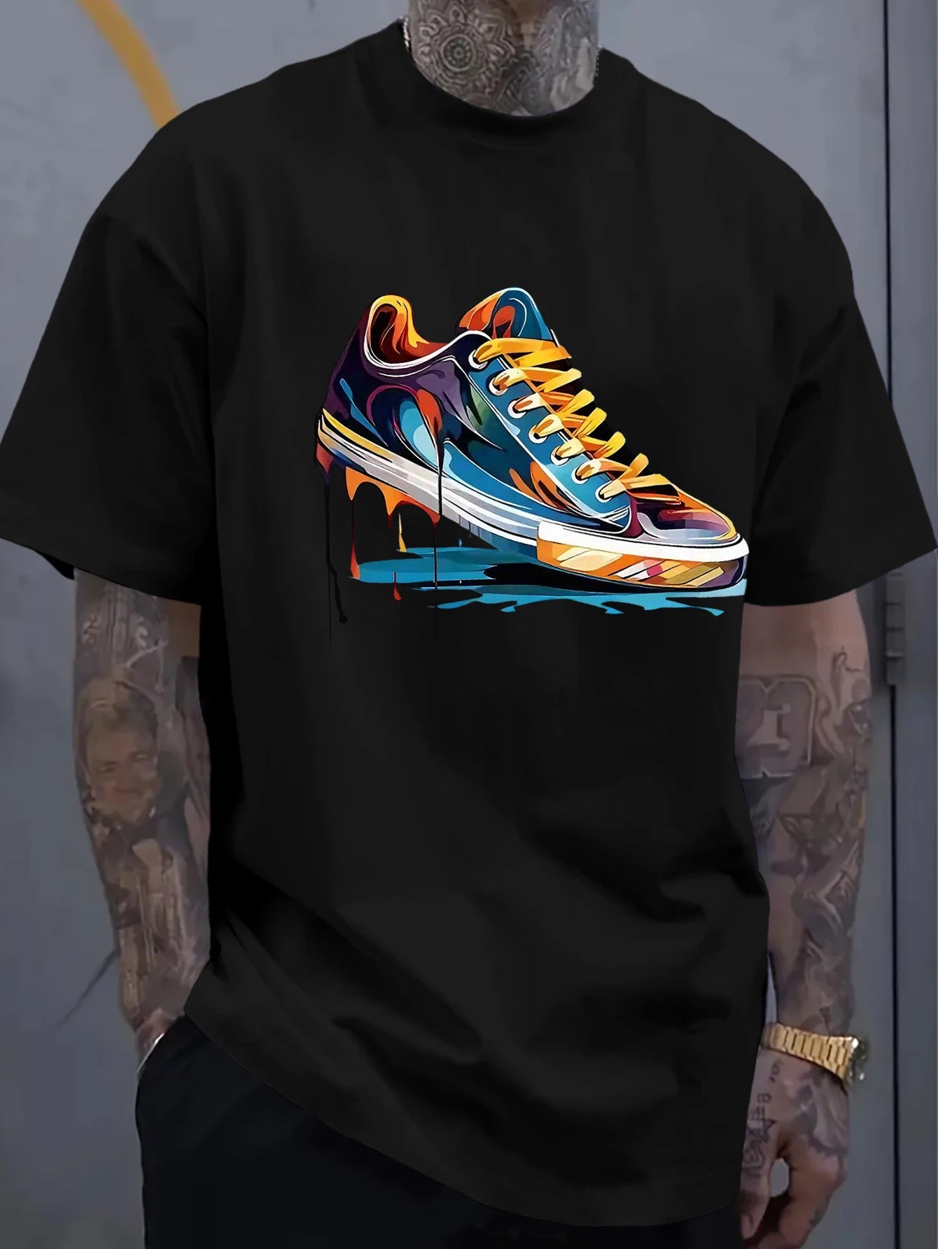 Men's Oversized Dripping Sneaker Graphic T-Shirt Colorful Shoe Art Short Sleeve Tee Casual Streetwear Tops
