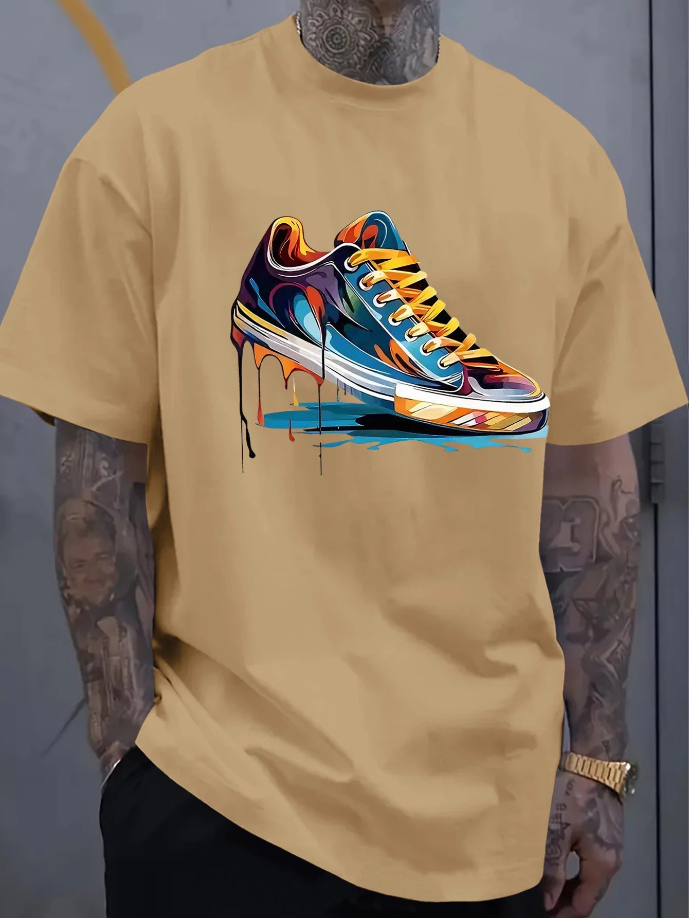 Men's Oversized Dripping Sneaker Graphic T-Shirt Colorful Shoe Art Short Sleeve Tee Casual Streetwear Tops