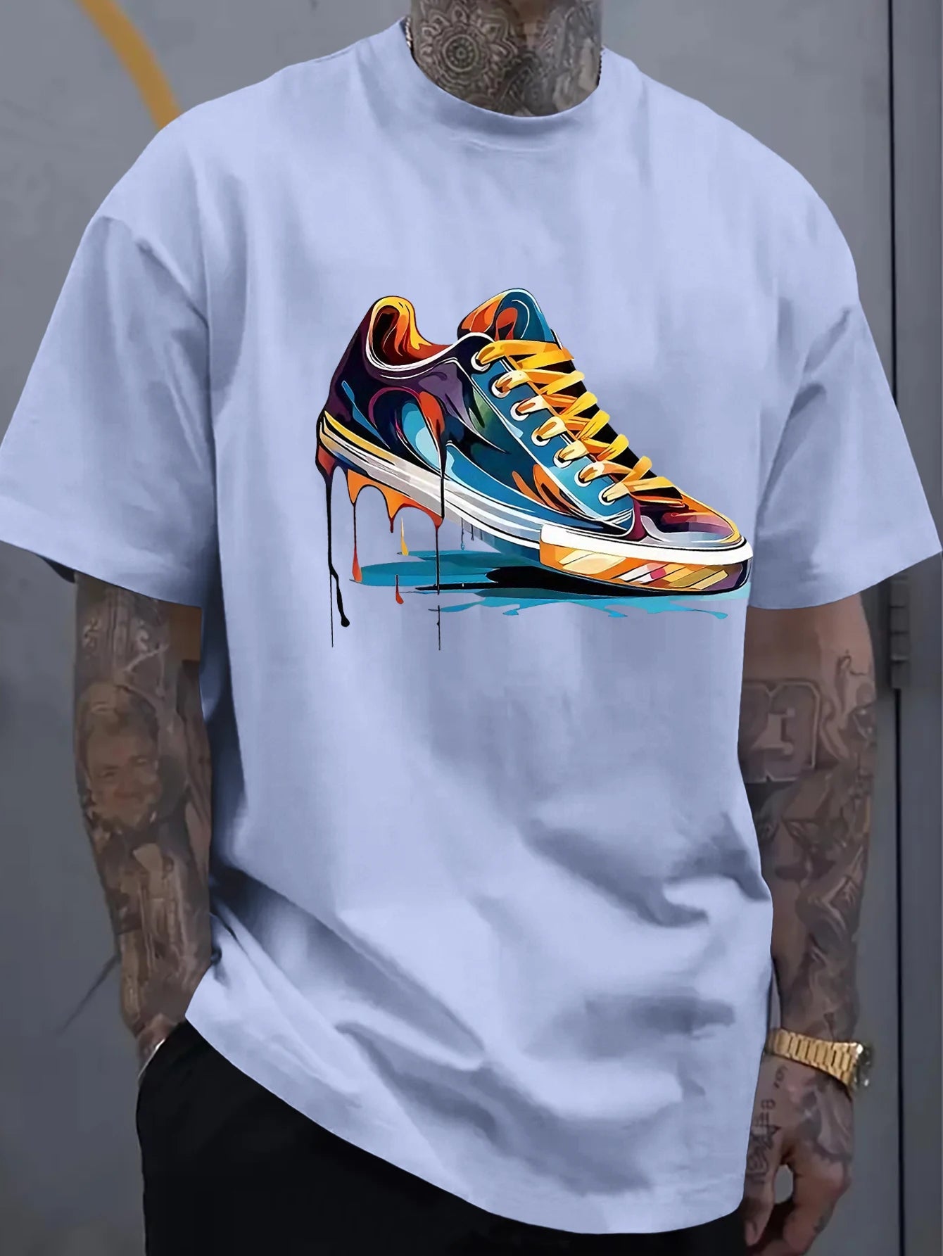 Men's Oversized Dripping Sneaker Graphic T-Shirt Colorful Shoe Art Short Sleeve Tee Casual Streetwear Tops
