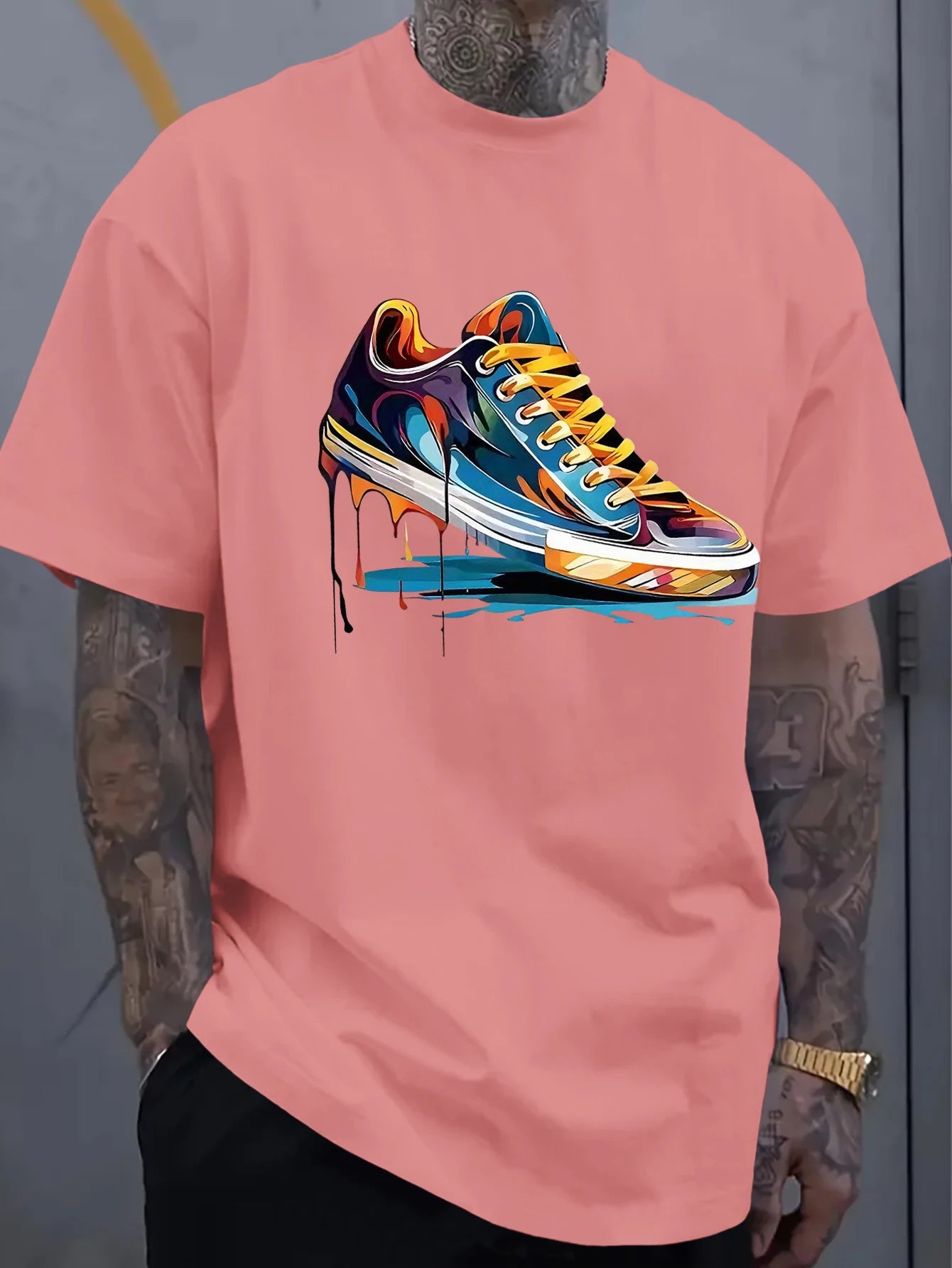 Men's Oversized Dripping Sneaker Graphic T-Shirt Colorful Shoe Art Short Sleeve Tee Casual Streetwear Tops