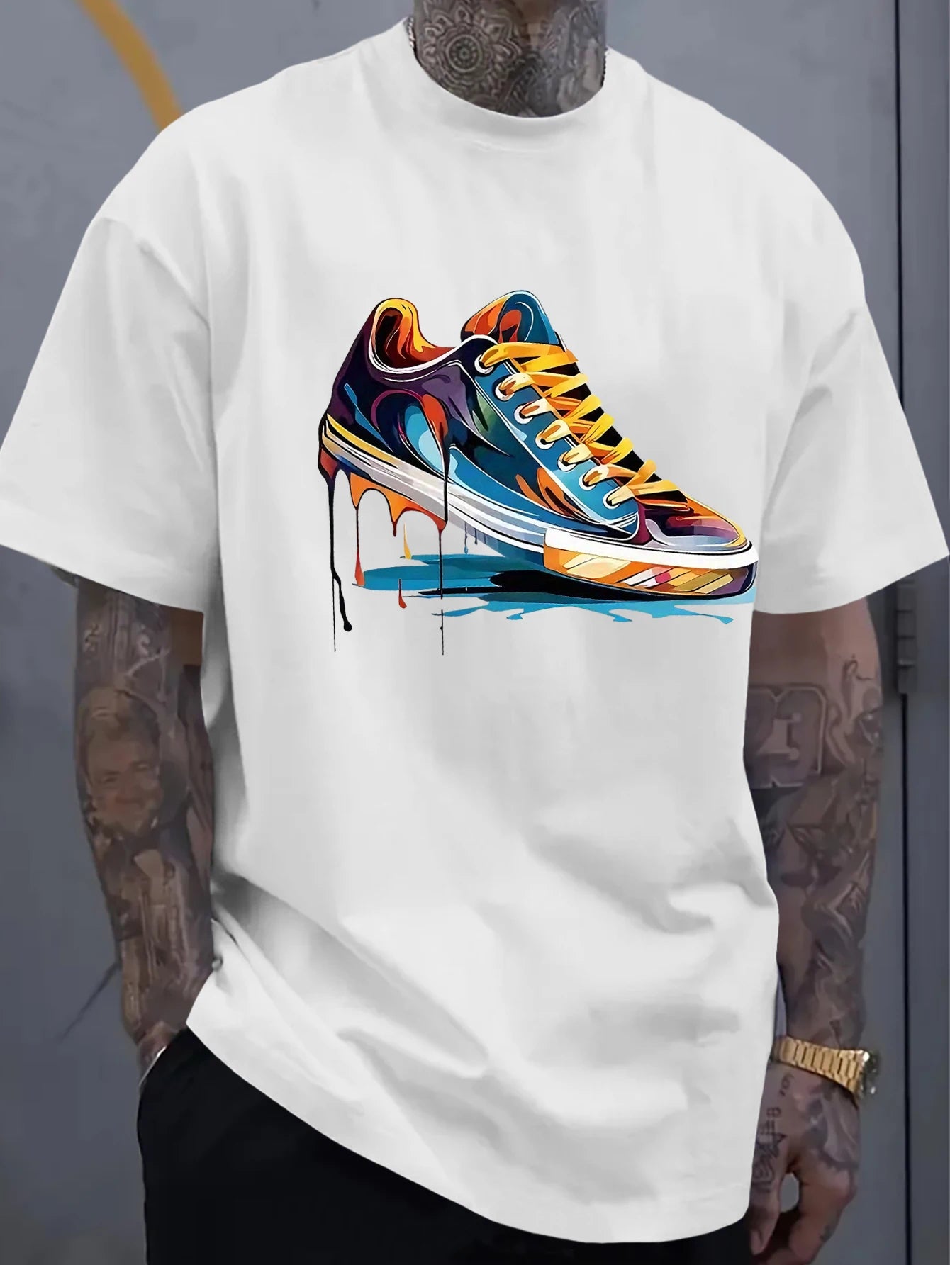 Men's Oversized Dripping Sneaker Graphic T-Shirt Colorful Shoe Art Short Sleeve Tee Casual Streetwear Tops